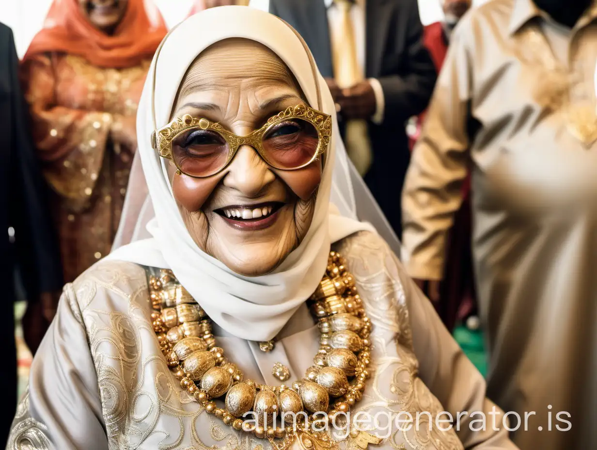 a Muslim woman fat curvy mature having age 97 years old with makeup  wearing power spectacles, standing in a Muslim wedding ceremony, she is wearing a hijab and she is smiling and happy wearing a lot of gold ornaments and high heels on feet, in background some people