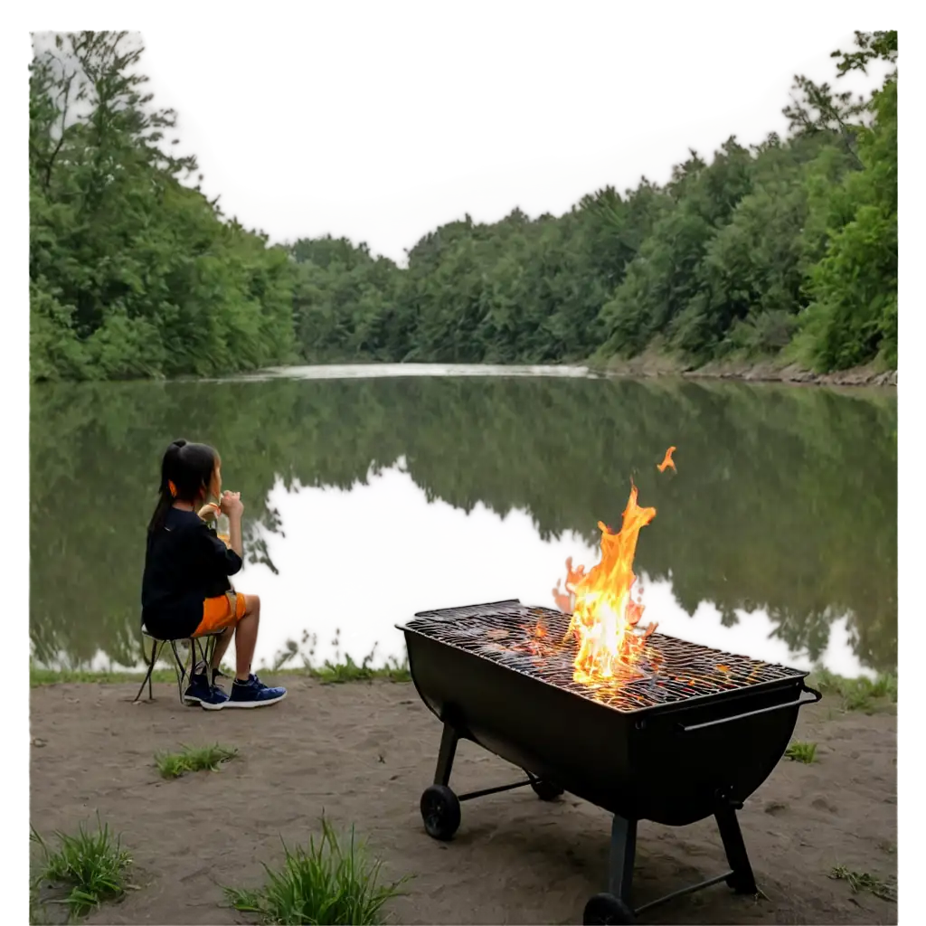 Outdoor camping, barbecue, and fire by the wild river, family, Shoho, Zoyabata, no person but a back shadow