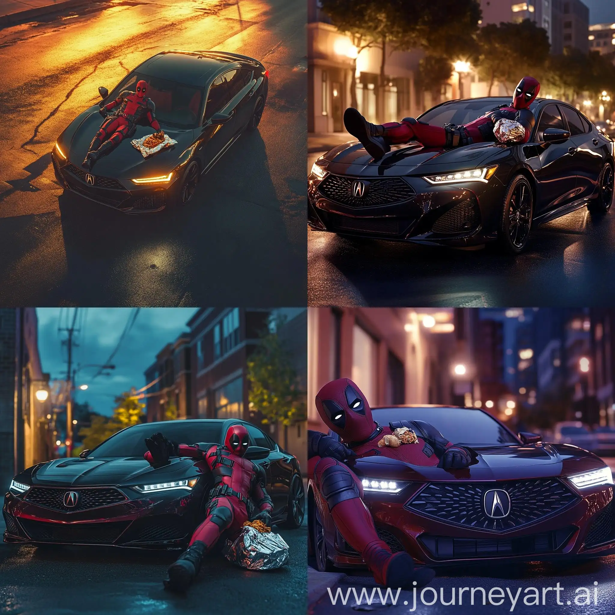 Deadpool-Relaxing-on-2024-Acura-TLX-Hood-at-Dusk