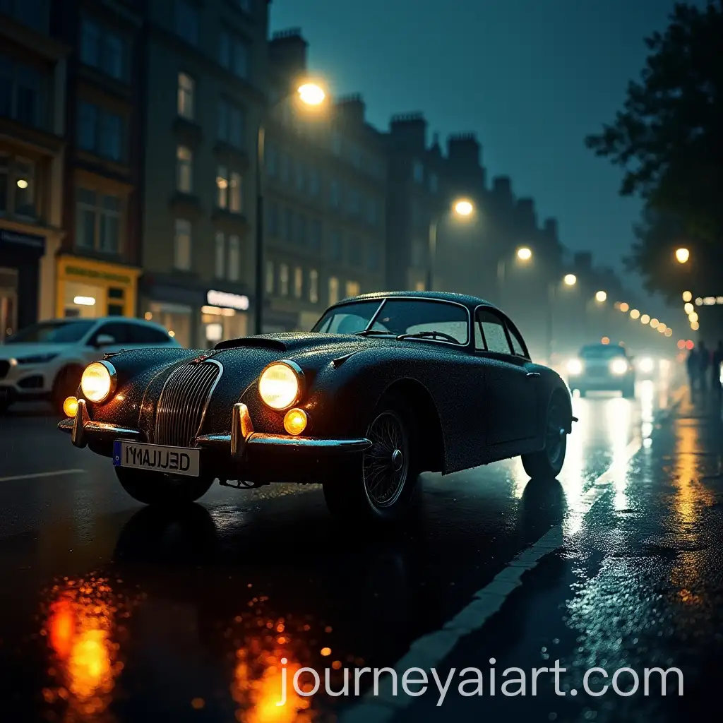 Old-Jaguar-Racing-Through-London-in-Rainy-Night-Scene