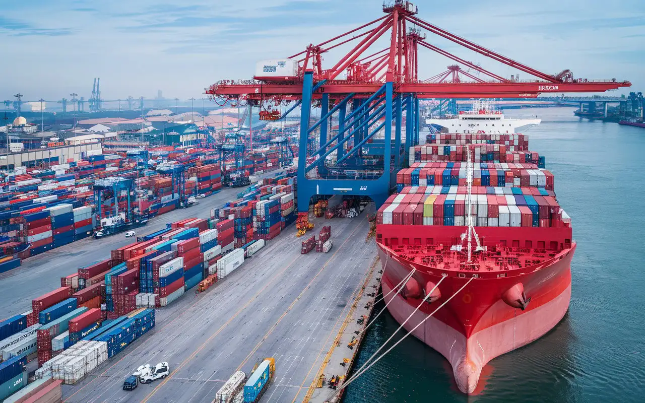 Massive Red Cargo Ships at a Busy Port