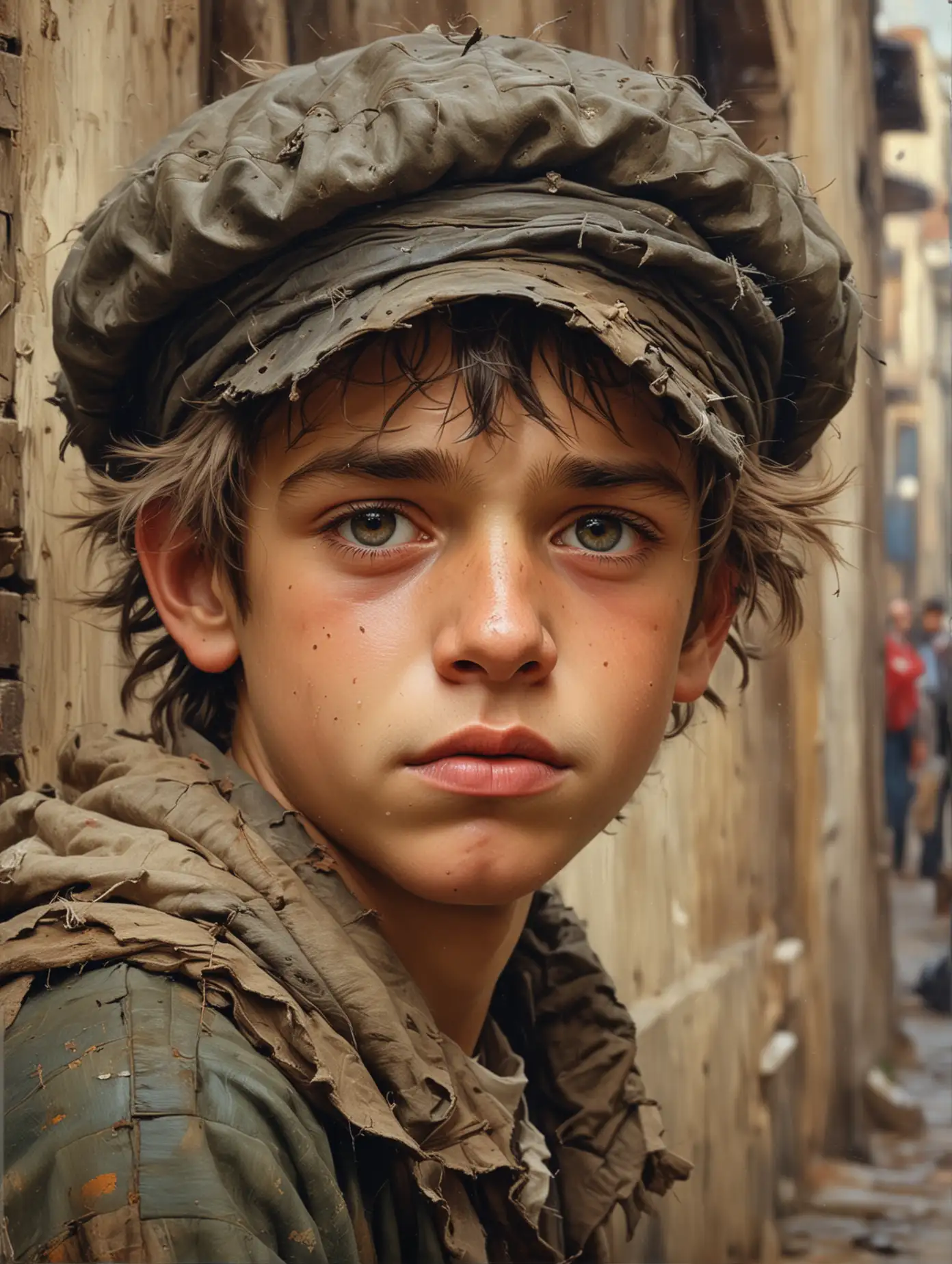 Closeup-Portrait-of-a-Disheveled-Peasant-Boy-in-a-Cap-on-City-Street