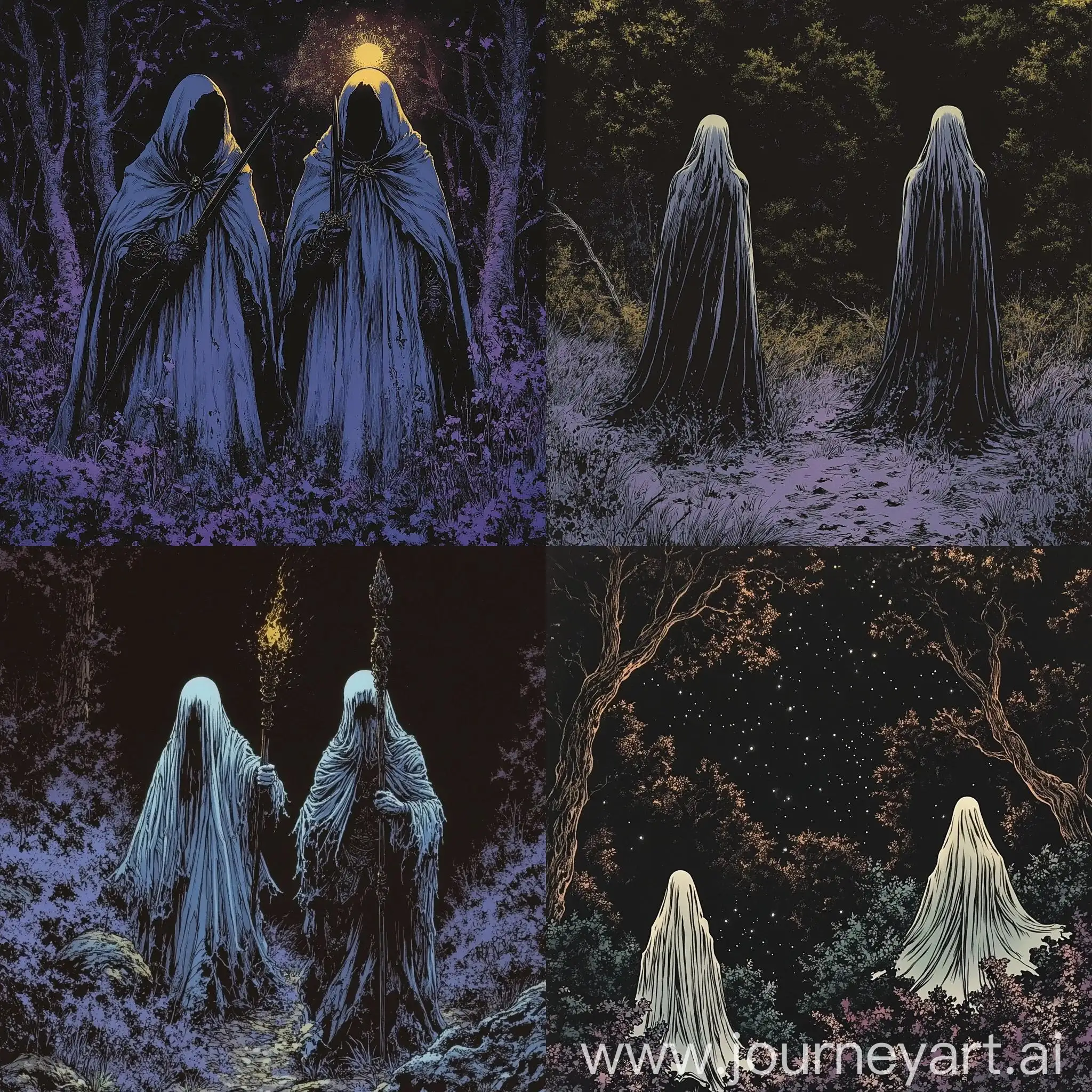 70s-Retro-Dark-Fantasy-Ghosts-in-Creepy-Purple-Forest