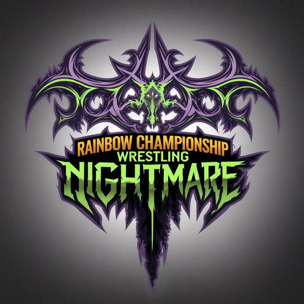 LOGO Design for Rainbow Championship Wrestling Nightmare Gothic Purple Green with Complex Symbol on Clear Background