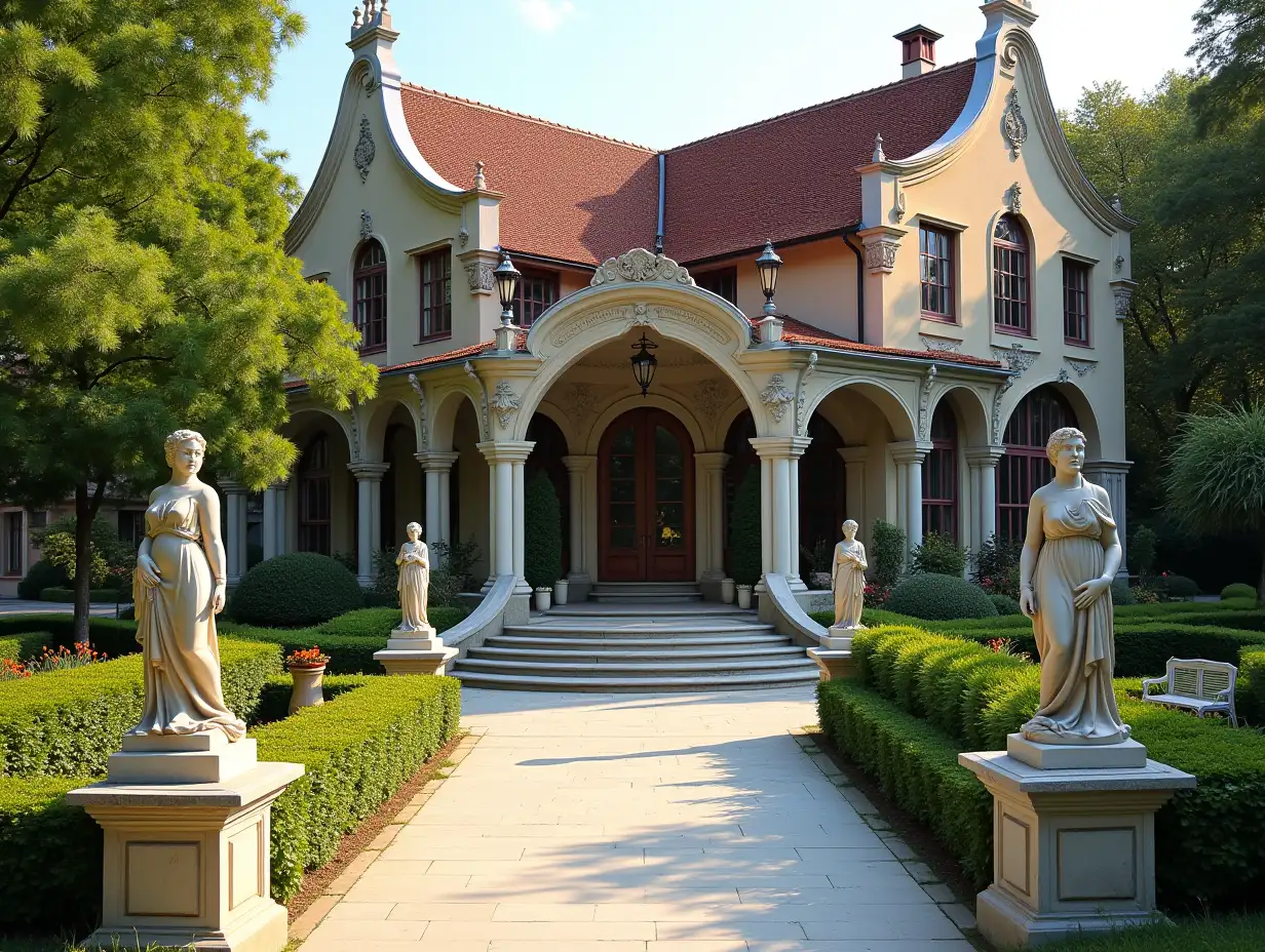 crooked Palace Garden statues Bepflanzung-mit silber with schwarzn Stucco, plant decoration, large windows with glass to, curved, smooth window shapes, winding large entrance stairs from Marble Complex sloping roof with dike, lanterns, bench orange tree 4K resolution Colorful superWide-angle shots