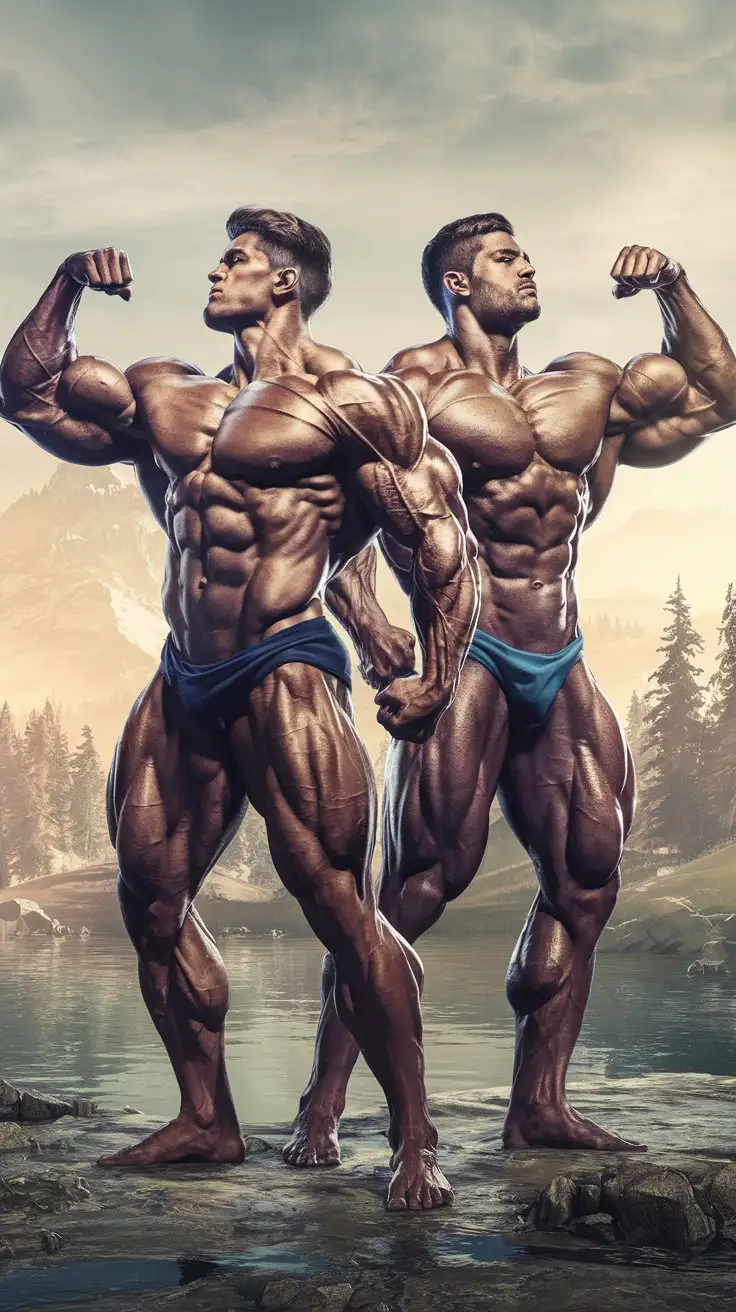 Two powerfully muscled bodybuilders stand boldly, with determined expressions, flexing their mighty muscles, chosen by the gods to become superpowered warriors for justice. 19 years old. Photorealistic.