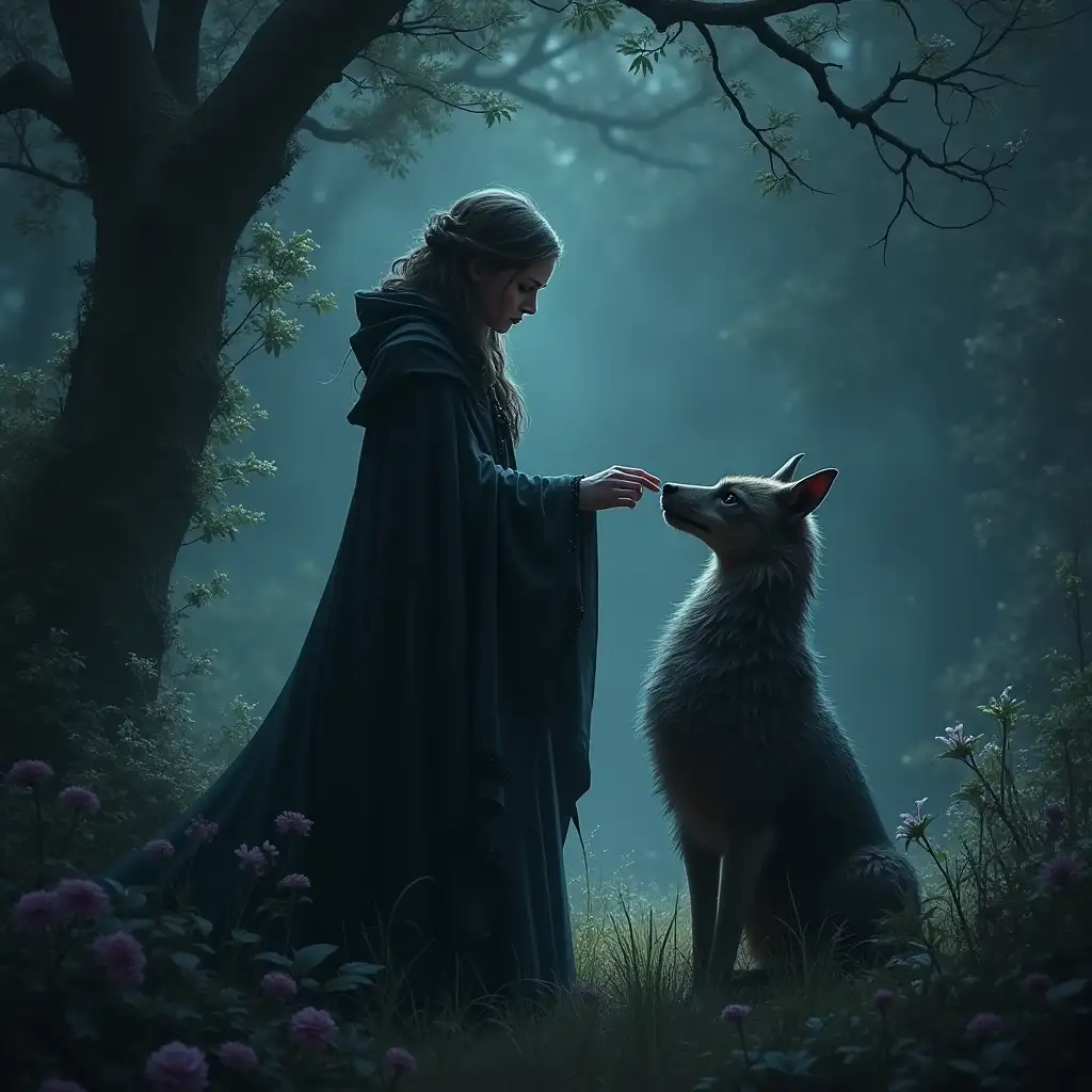 Dark fantasy graphics. Dark sky, enchanted garden. Sorceress in a cloak, petting a magical creature.