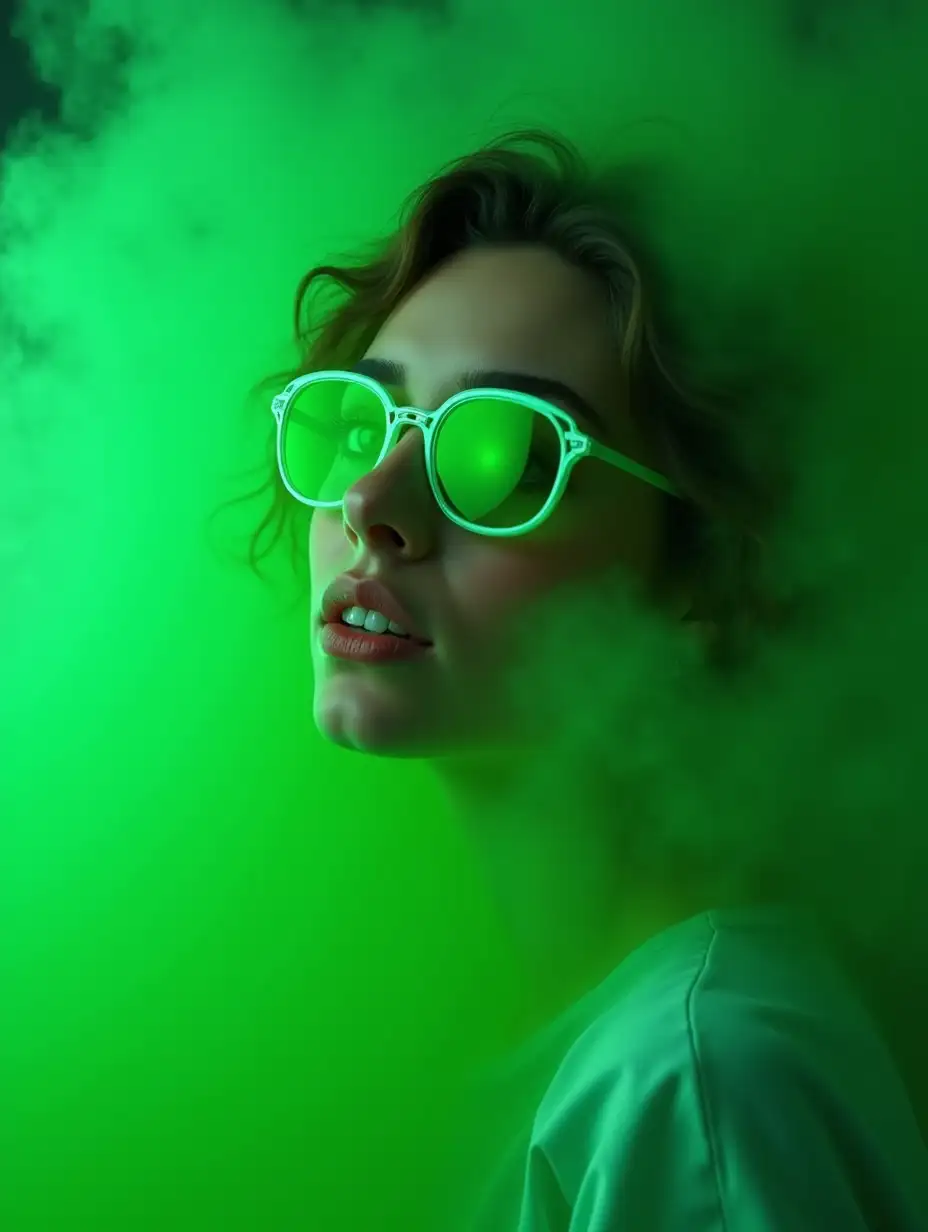 a beautiful young lady with neon shinny green glasses, emerging from a green smoke Cloud