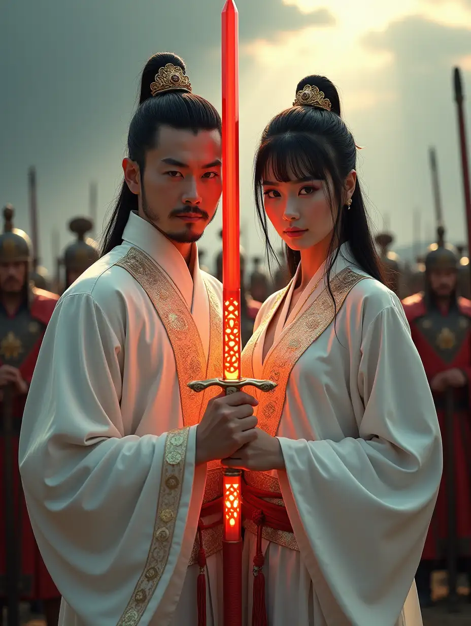 A man and a woman, facing directly to the camera, they both oriental Chinese warrior, hkstyle, white with gold embellishments, bangs, they both holding a legendary sword by the hilt, the sword glowing red, in front of a group of Chinese warriors, illuminated by rays of sunlight between dark clouds Behind her you can see a group of medieval warriors, High Detail, Perfect Composition, dark fantasy movie