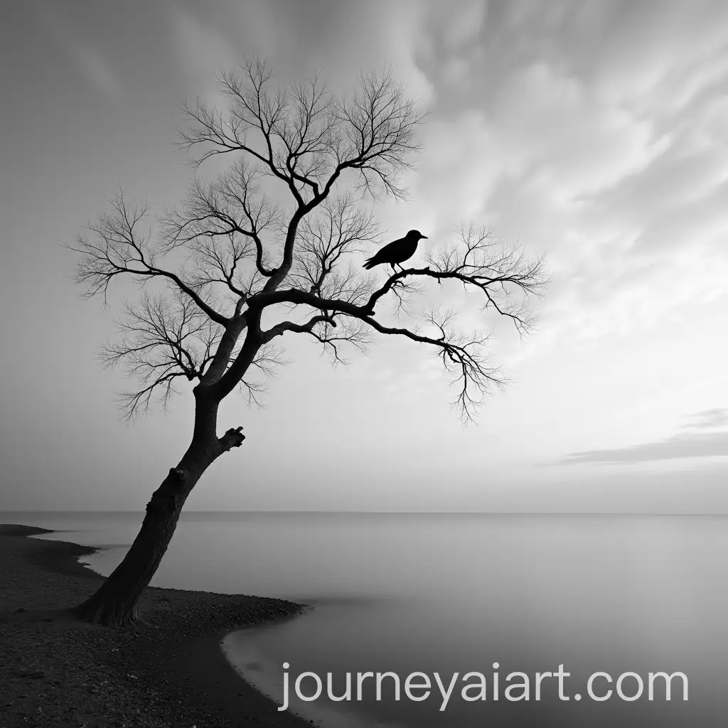 Black-and-White-Long-Exposure-of-Dry-Tree-with-Bird-and-Lake-Background