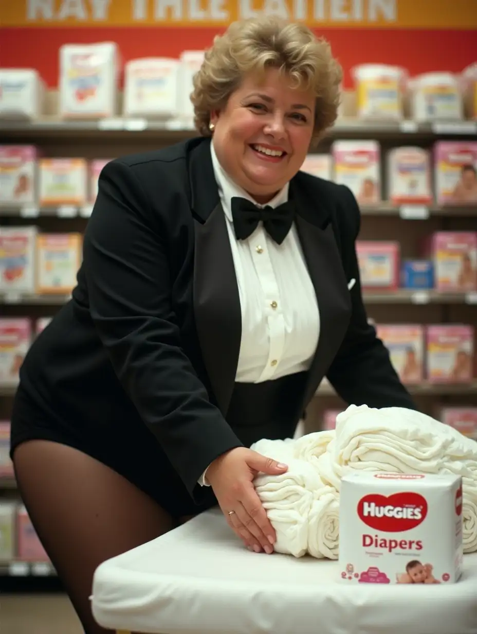 ((photo realistic)), ((sweet laughing, grandmother, larger plump full-figured body type with large wide hips)) (((Caucasian female woman))), ((with short dark blonde curly 1980s hair with curly bangs)), (wearing a very formal orchestra concert tuxedo) with ((black long sleeve high cut cropped Eton jacket)), ((((white tuxedo shirt, with tight high standing wingtip collar, and many thick vertical pleats front)))), (((black diamond point bow tie with black thick adjustable neckband))), black cummerbund, ((black tight high cut spandex briefs)), nylons, ((looking at viewer, bending over a white padded changing table while presenting a stack of large bright white folded plastic backed thick disposable diapers in her hand)), ((with a large sized white and red plastic rounded box package of 1980s Huggies Diapers on the changing table)), in a supermarket for a product demonstration, (with a large visible sign that reads 'FREE DIAPERING' hanging directly above her head), (close up side view).