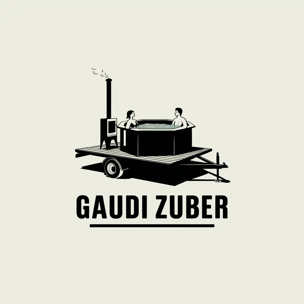 LOGO Design for Gaudi Zuber Hot Tub Pool on Trailer with Wood Stove and Couple in Bikini Theme