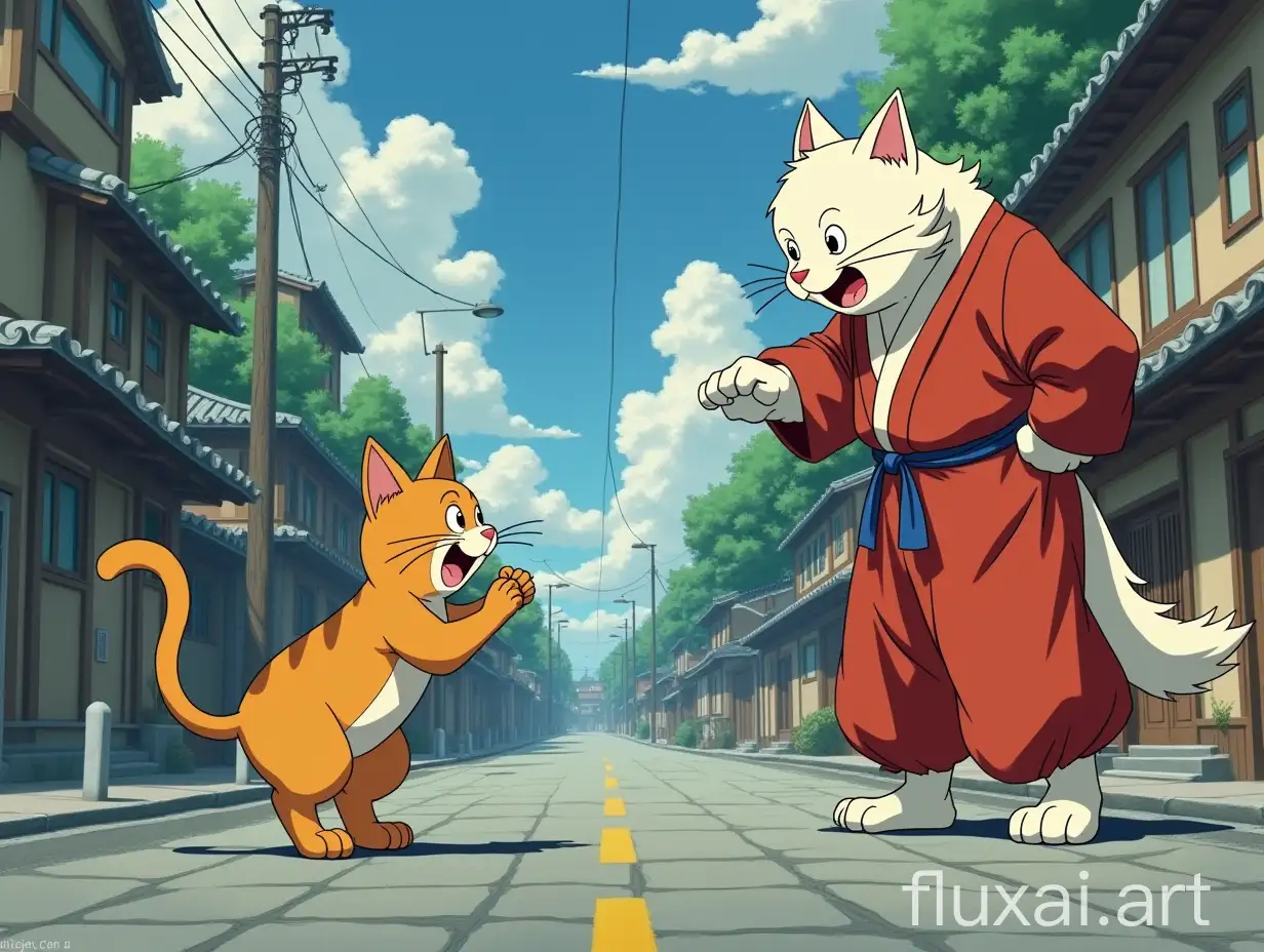 A cat and a god fighting on street, studio ghibli art