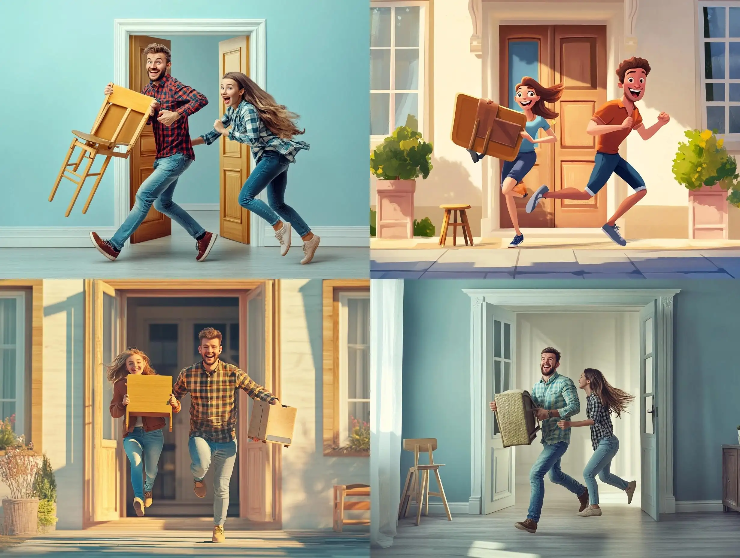 Happy-European-Couple-Running-into-New-House-with-Chairs-and-Stools