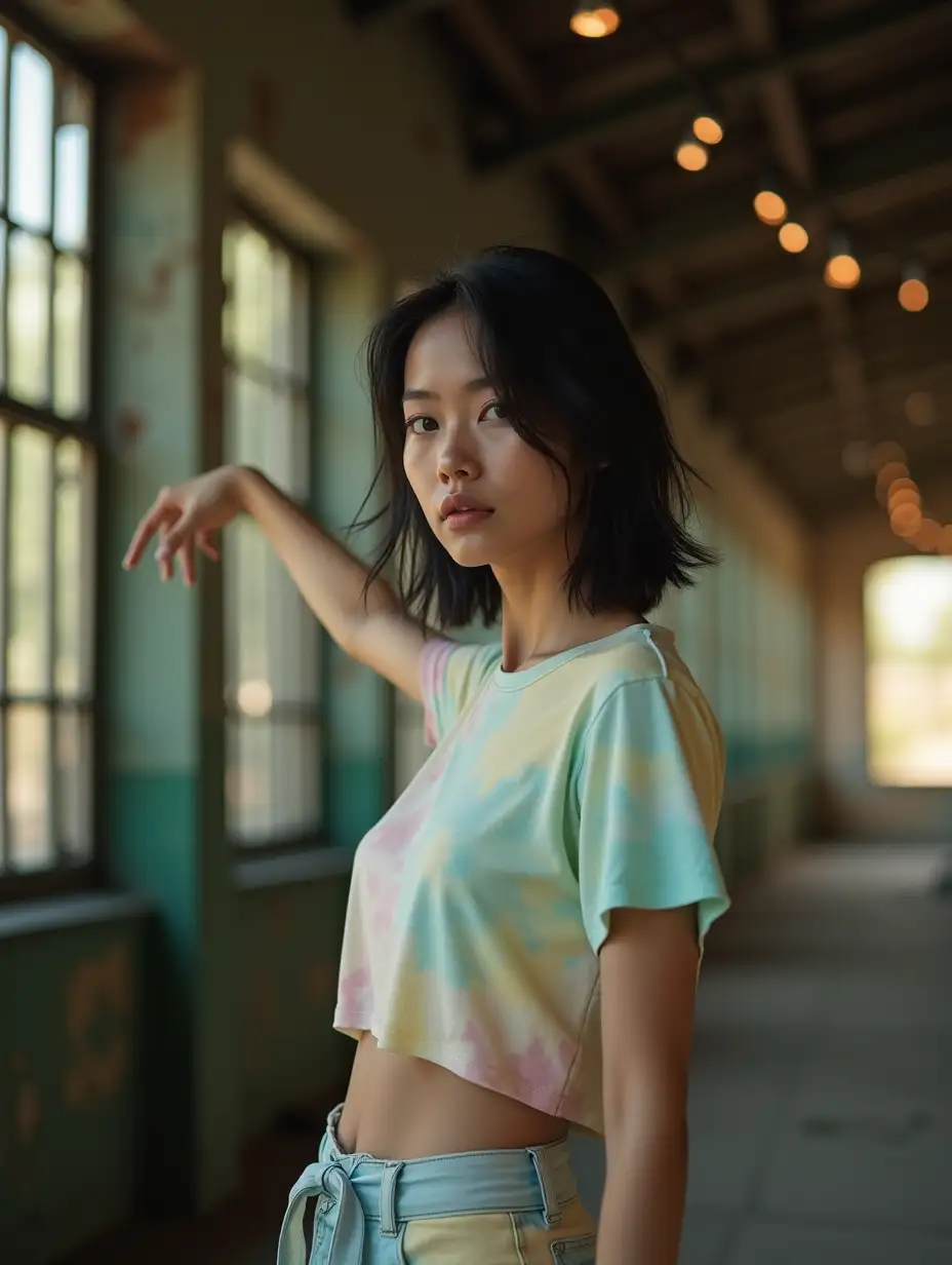 Young-Asian-Female-Supermodel-in-High-Fashion-at-Abandoned-Train-Station-with-Fairy-Lights