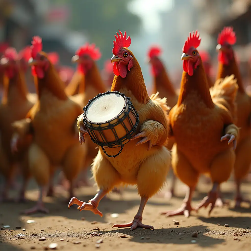 A Group Of Chicken Playing Dholak And Dancing