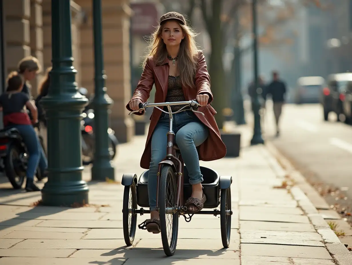 Steampunk girl riding tricycle on the sidewalk