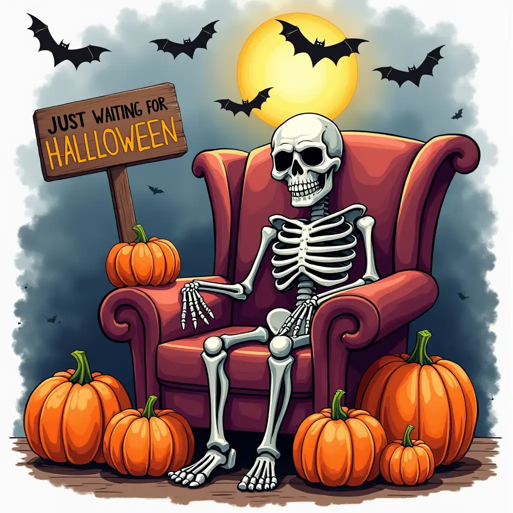 Vector, Watercolor, 64k. A skeletal figure with a mischievous grin, seated in a plush armchair surrounded by a collection of carved pumpkins. Bats flutter overhead, and a full moon illuminates the scene. The overall style is detailed and vibrant, with a focus on the playful and spooky elements of Halloween.featuring the word 'JUST WAITING FOR HALLOWEEN' in bold, wooden plate next to the skeleton.