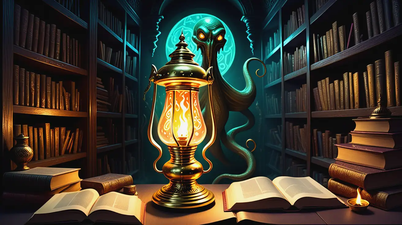 Lovecraft -Horror. In the foreground is a golden djinn lamp in the form of a wonderlamp from a thousand and one nights, adorned with magical symbols from the arabian culture circle illuminated with a flame coming out of the front opening opposite the handle, a room full of very old, partially rotting books on shelves and book stacks, monsters are roaming around in lovecraft style, trashy, pulp, underground comic style, provocative, dirty, filthy, disgusting, slimy, greasy, rude