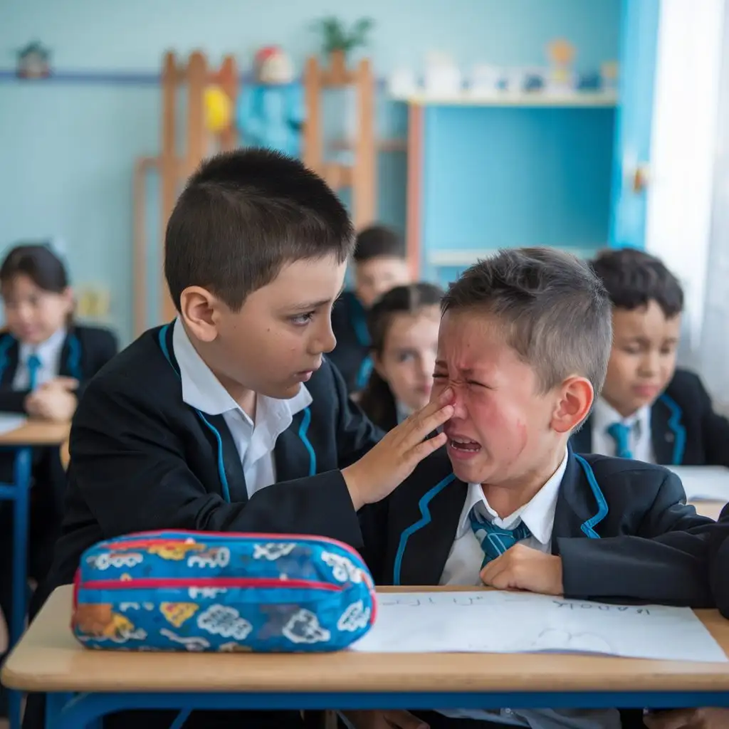 A Kazakh schoolboy is comforting a crying Kazakh classmate by the desk. The children are in the second grade