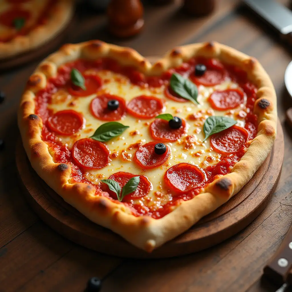 heart pizza on table