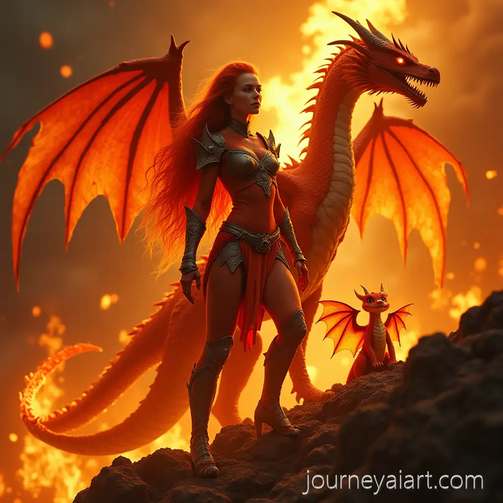Majestic-Fire-Dragon-Queen-with-Baby-Dragon-on-Volcanic-Cliff-in-Epic-Fantasy-Scene