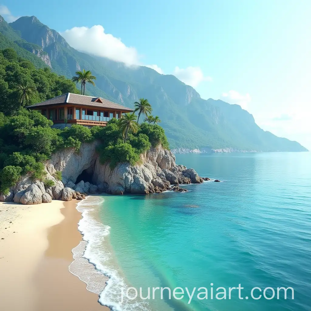 Beachfront-Villa-with-Cliff-and-Turquoise-Water-Overlooking-Mountains
