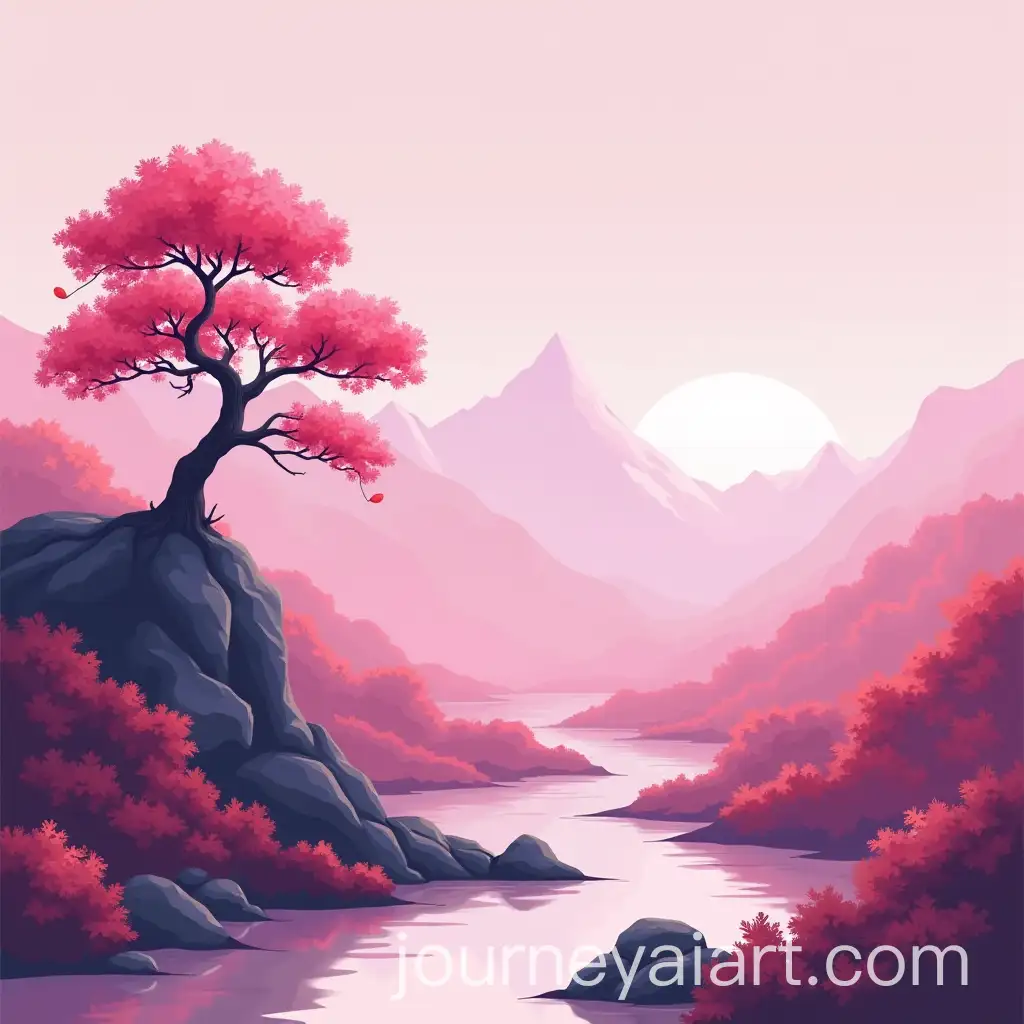 Minimalist-Vector-Art-Poster-of-Mountain-Range-with-Japanese-Pink-Tree-in-Shades-of-Pink
