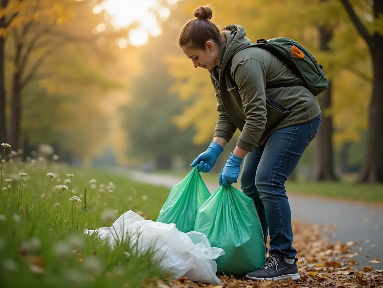 Volunteer helping to clean up park by picking up trash with plastic for community service and environmental health.