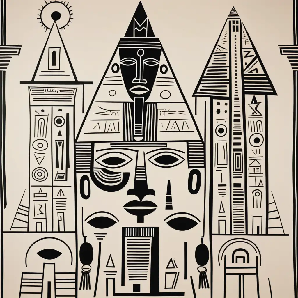 Ancient-Minimalist-NubianThemed-Design-in-the-Style-of-Basquiat-and-Picasso-with-Architectural-Flourishes