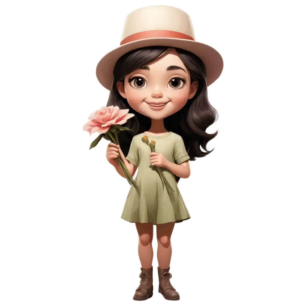 Caricature-of-a-Girl-Wearing-a-Hat-and-Holding-a-Flower-in-PNG-Format