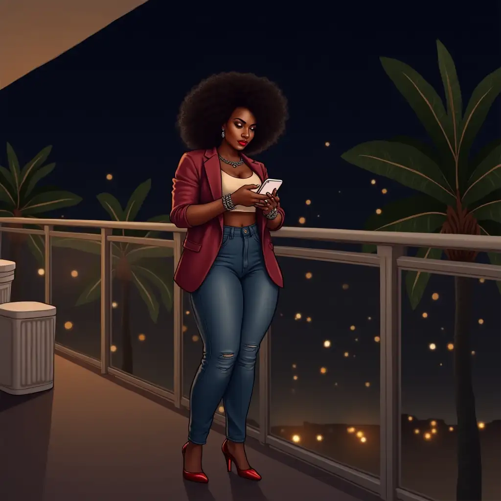 Stylish African American Woman on Nighttime City Balcony