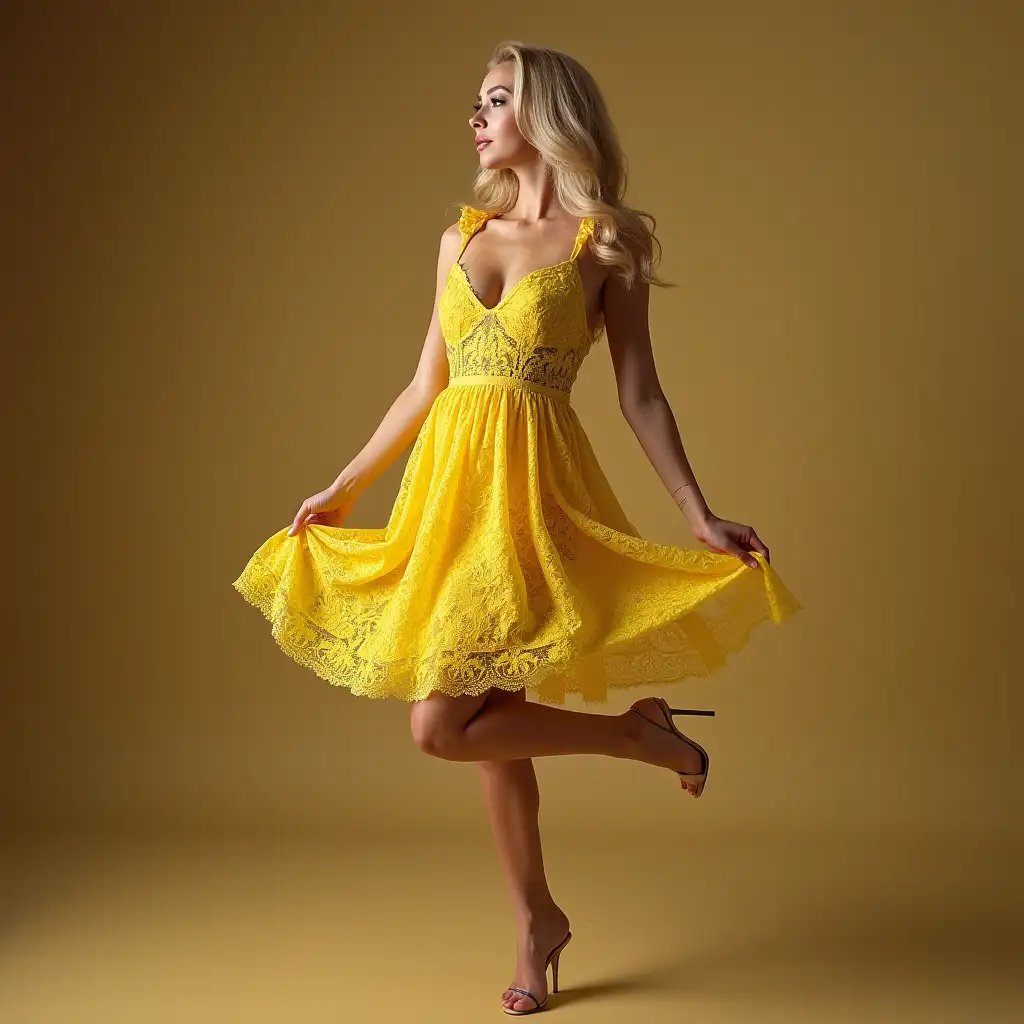 Blondina on tiptoes in a yellow lace dress