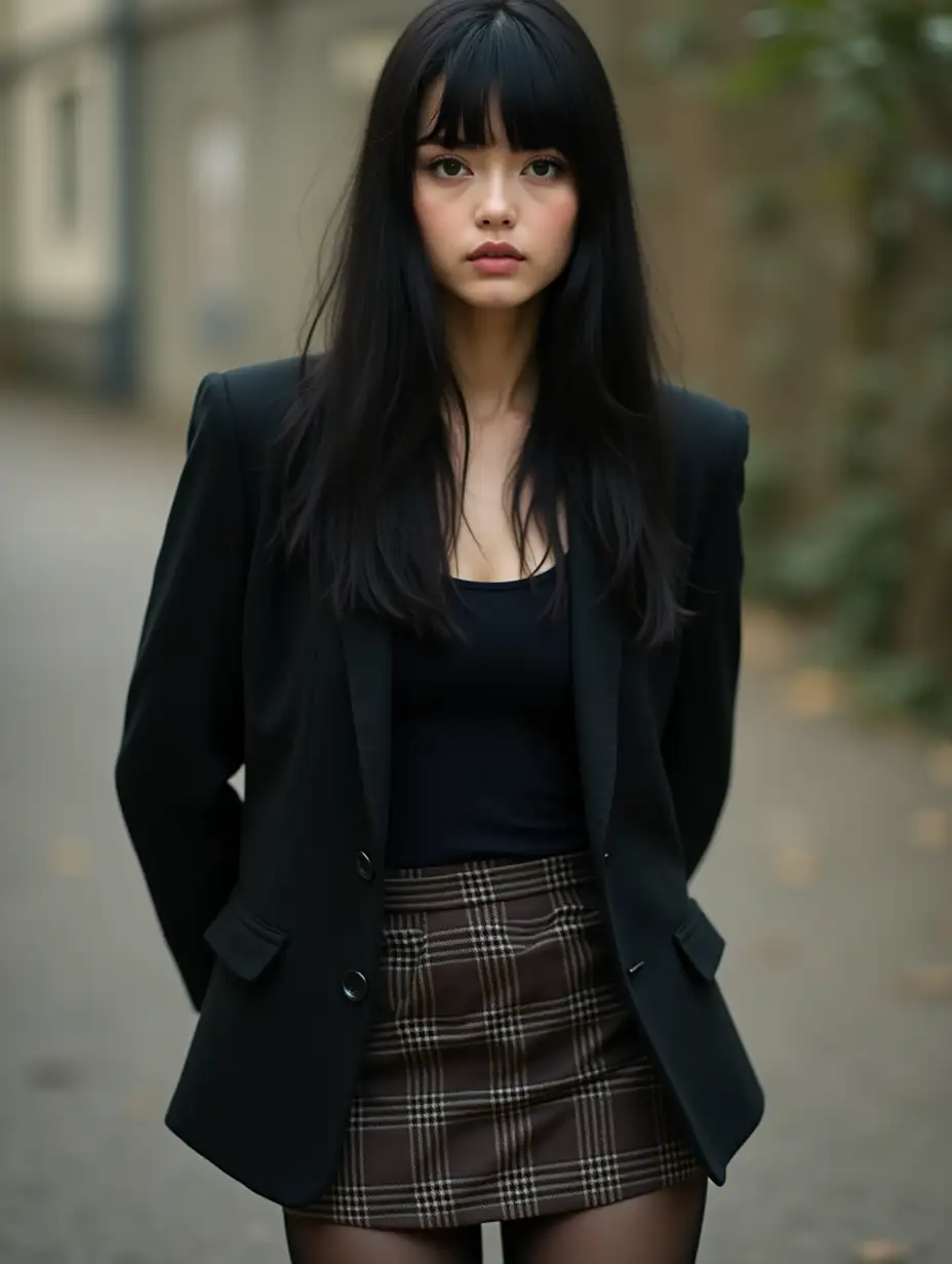 Young-Woman-in-Plaid-Skirt-with-Black-Jacket-and-Sneakers