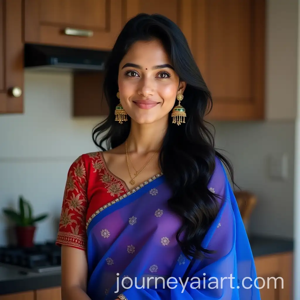 Beautiful-Young-Woman-in-Royal-Blue-SareeAI-Image-Prompt-Expansion-with-Red-Embroidered-Blouse-in-Modern-Kitchen