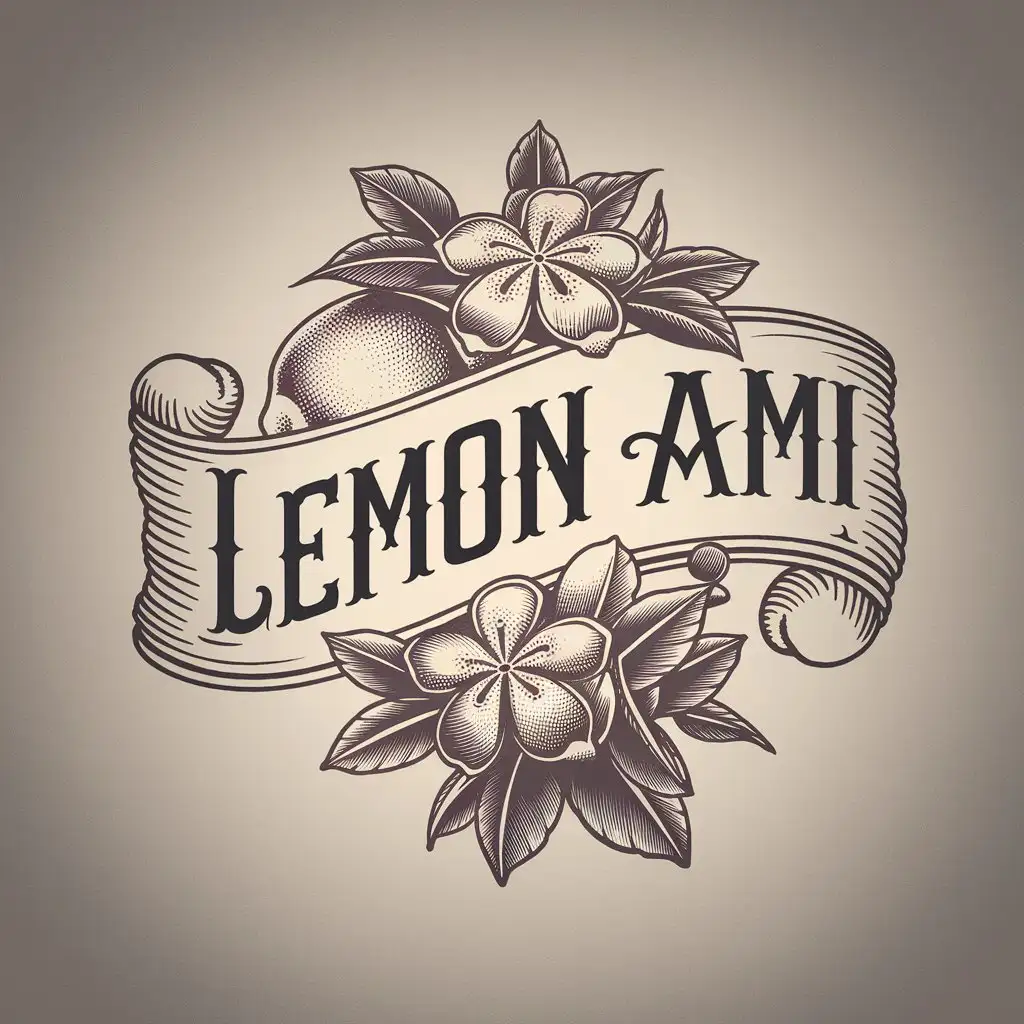 a vector logo design,with the text "Lemon AMI", main symbol:Stile tattoo old school traditional vintage, monochromatic lemon flowers and lemons,Moderate,clear background