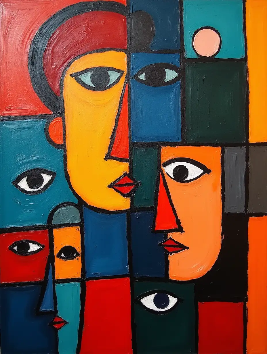 Picture in a grid of faces in the style of Kandinsky, Malevich, minimalism, simplified for a beginner artist with acrylics many colors, constructivism abstractness, rather dark