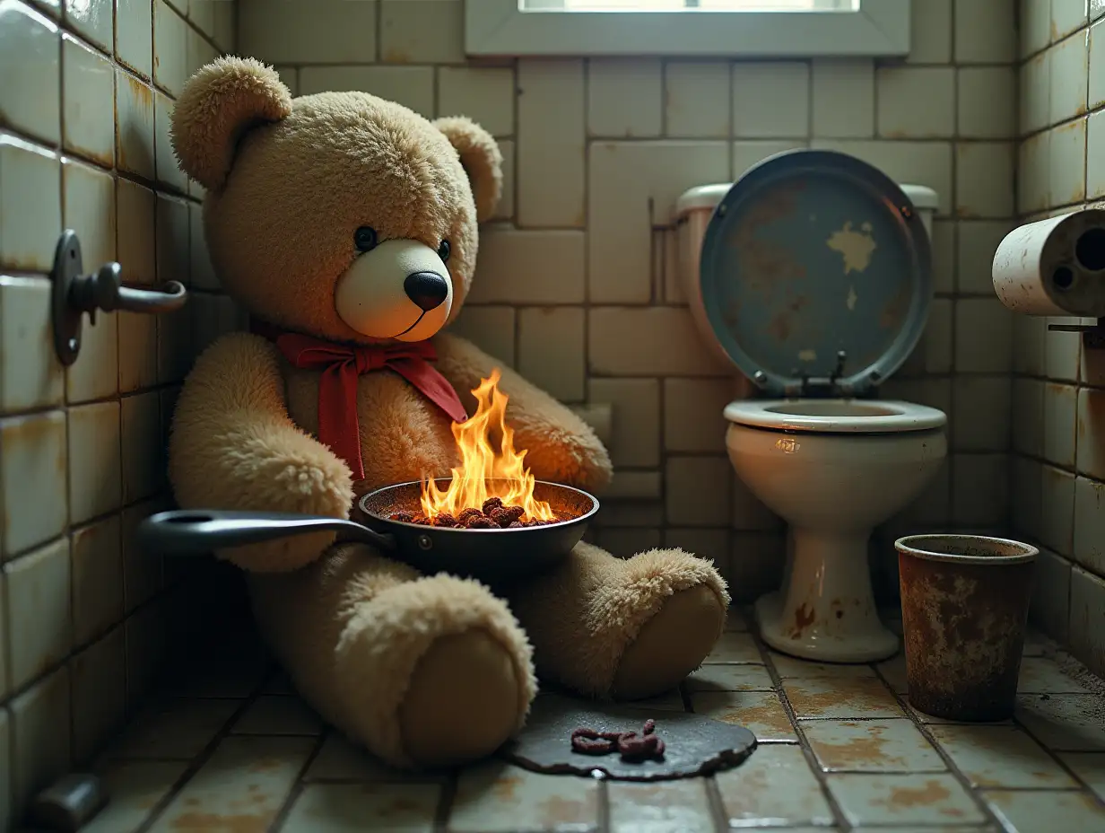 Creating a digital photo of a dirty teddy bear in the bathroom with rusty metal gear and a frying pan with fire in a dirty toilet and slime on the floor and a broken cup with worms.