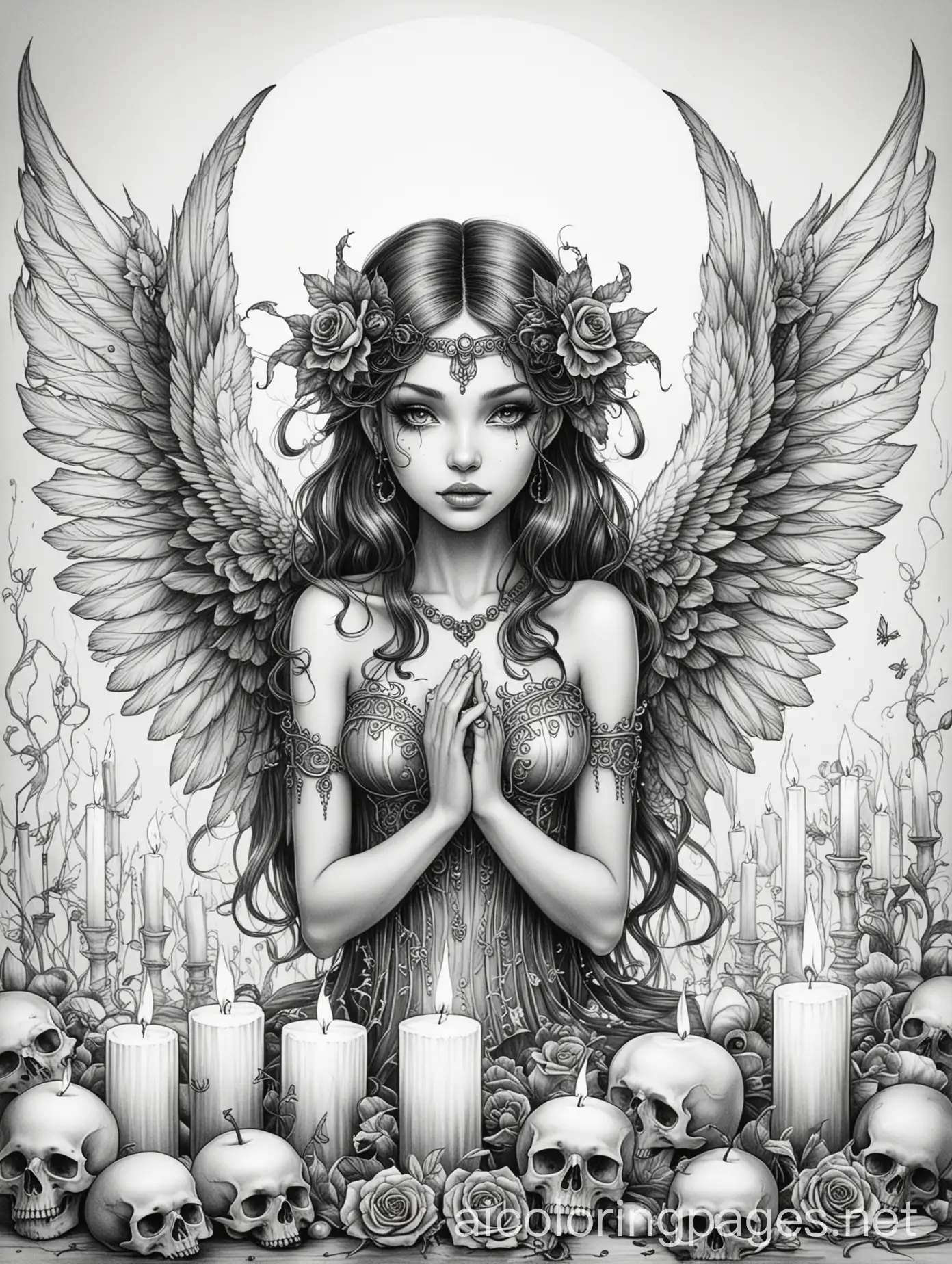 Dark-Fairy-Surrounded-by-Skulls-and-Candles-Coloring-Page