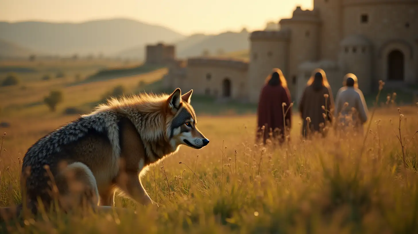 Wolf Watching Biblical Era Town from Grass