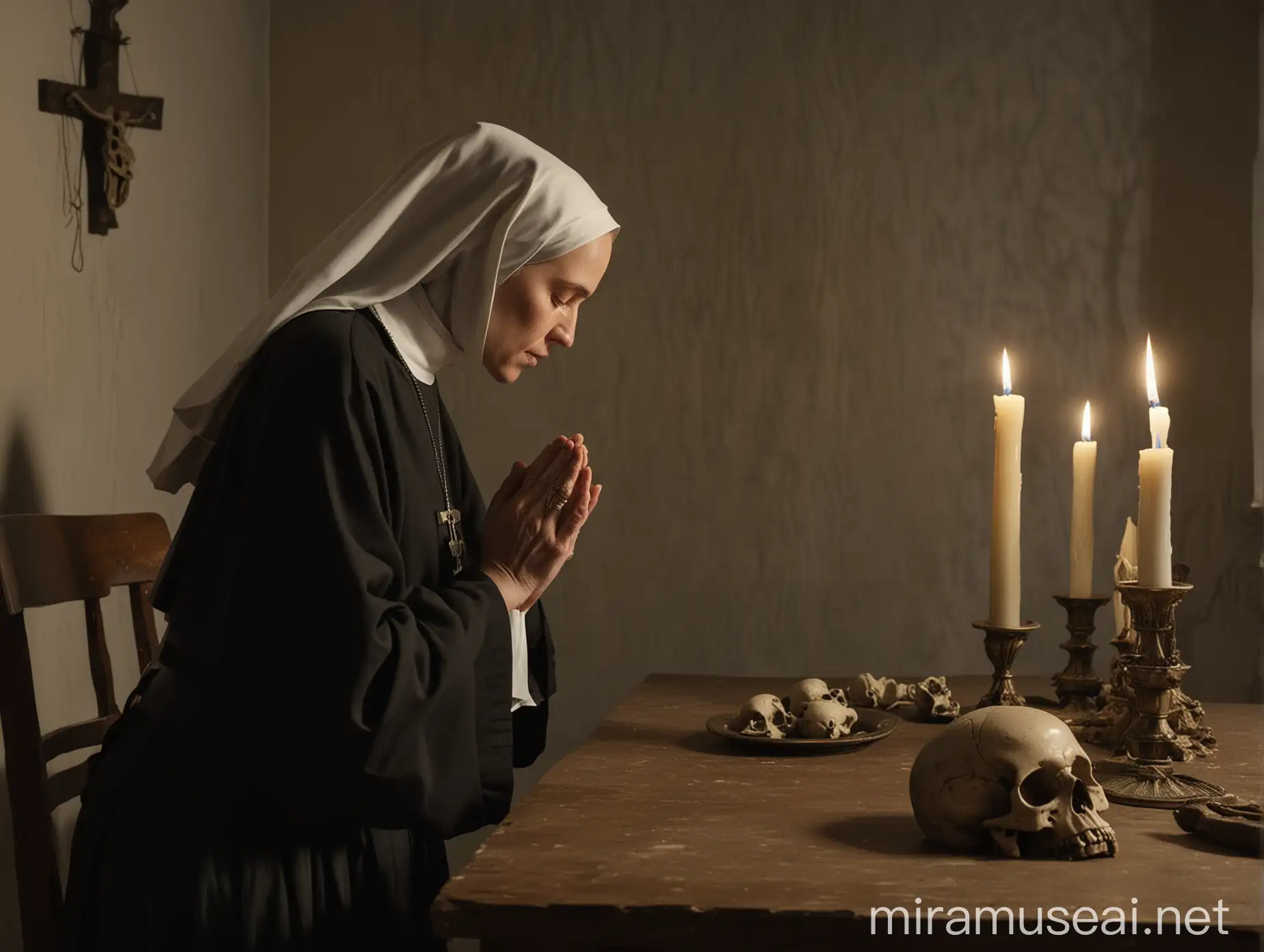 Nun Praying with Skull and Candle in Room