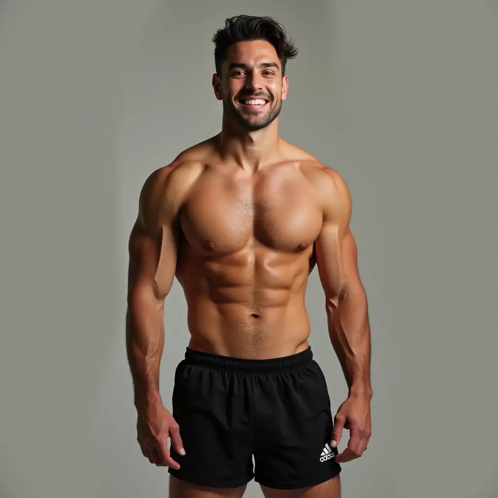 relaxed and smiling man in black adidas shorts like on the picture