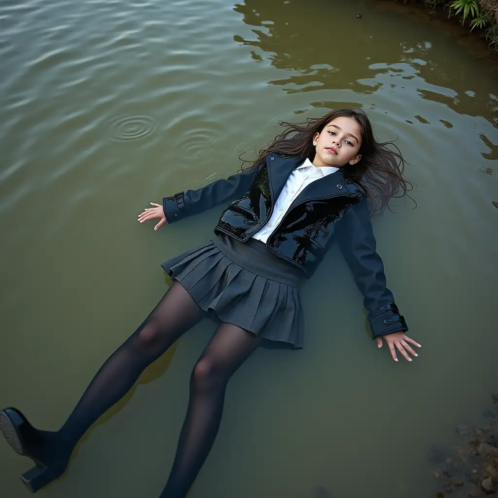 A young schoolgirl in a school uniform, in a skirt, jacket, blouse, dark tights, high-heeled shoes. She is swimming in a dirty pond, lying under water, all her clothes are completely wet, wet clothes stick to her body, the whole body is under water, submerged in water, under the surface of the water, below the water's edge.