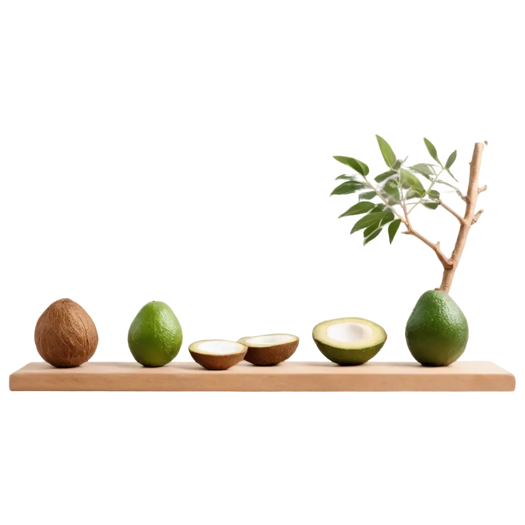 HighQuality-PNG-Image-of-White-Countertop-with-Empty-Plaster-Pedestals-Dry-Coconut-and-Fresh-Avocado