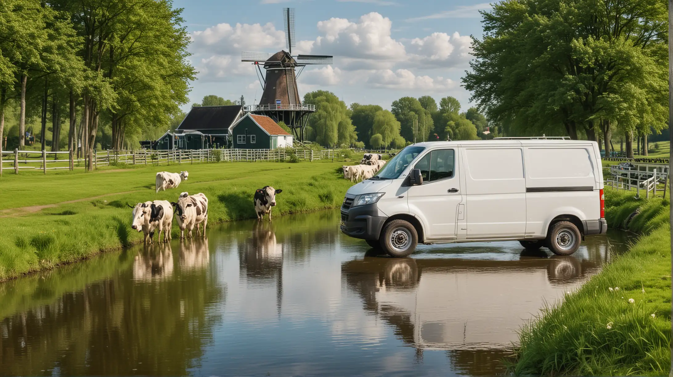 Scenic Dutch Landscape White Van Green Dam Canal Cows and Windmills