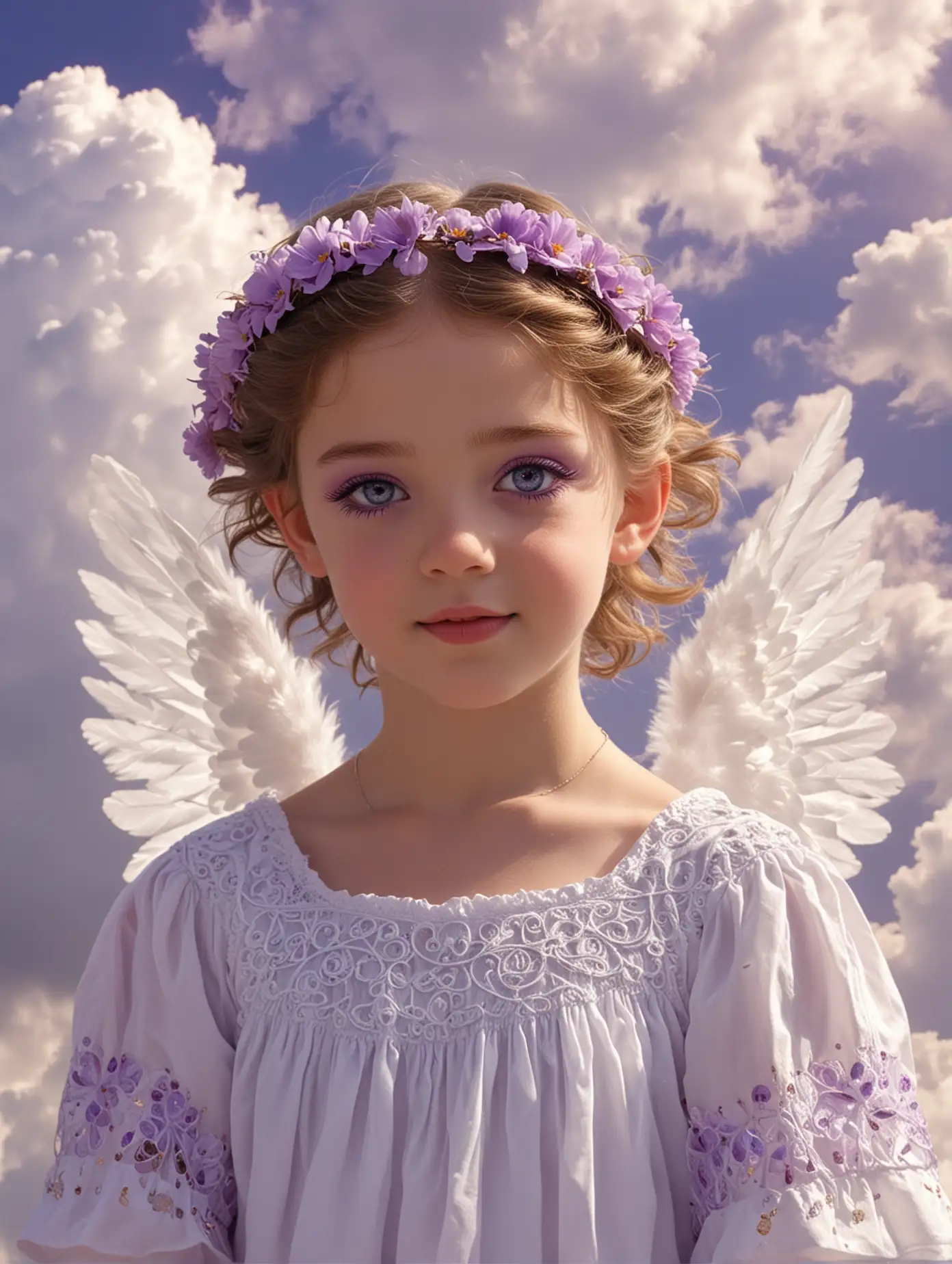 preteen angelic cupid girl with very bright purple eyes. wearing a very short white muumuu dress. located in the clouds