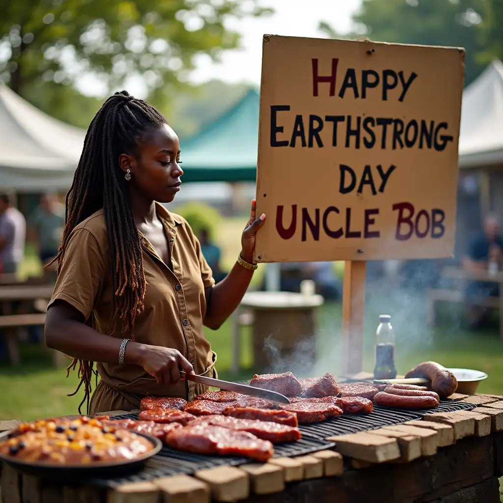 A women with dreadlocks cooking a bbq of steaks sausages and kebaks with a big sign say happy earthstrong day Uncle Bob