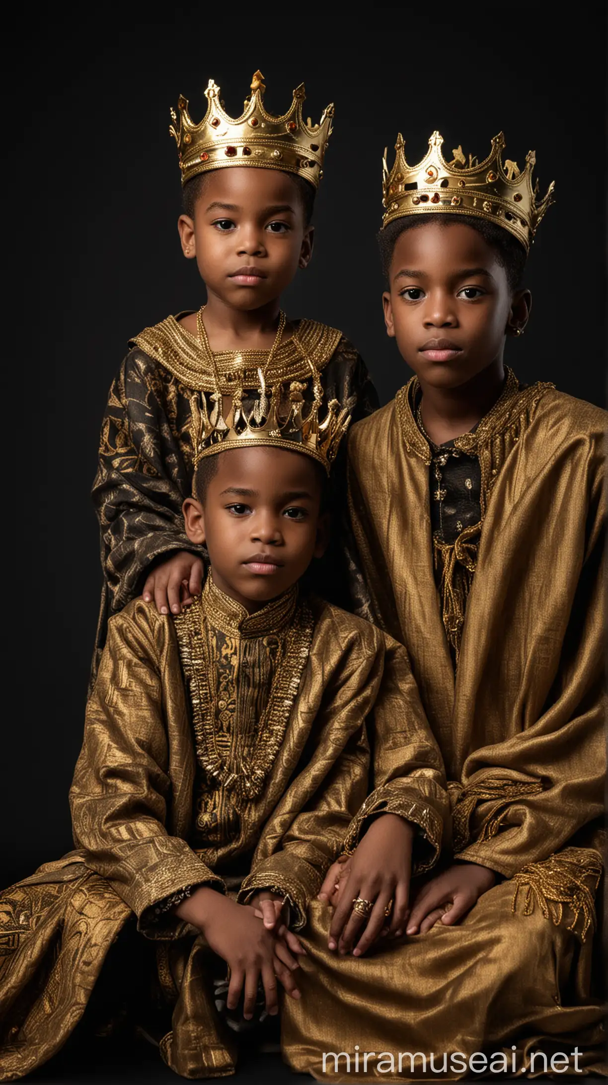 Young African American Kids in Royal Attire with Golden Crown on Black Background