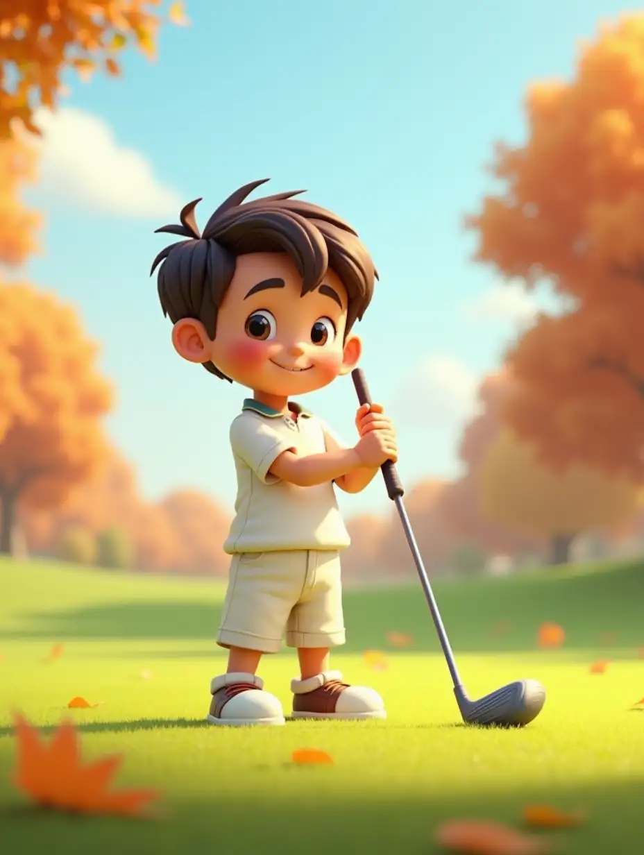 A cute little boy in Pixar 3D character style getting ready to tee off on a golf course with autumn leaves in a clear fall sky. The boy's outfit is simple and has a white-color design. Golf club Driver.