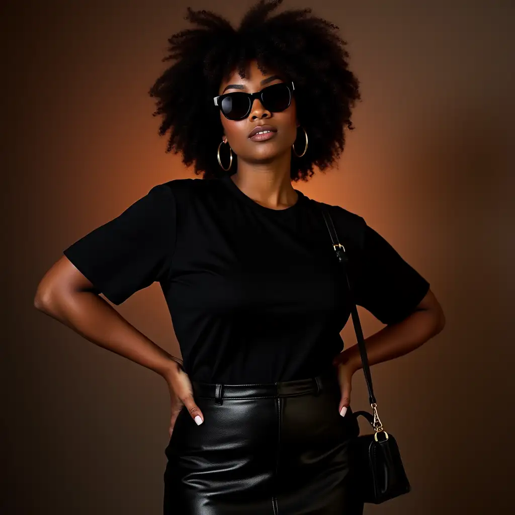 IMG_1018.CR2 Magazine Editorial Style Medium Full body Shot of a young African-American woman in her mid-20s with a tall and slender yet curvaceous body type. Her hair is voluminous and natural curly afro. She accessorizes with gold hoop earrings, a black-tinted pair of sunglasses,   and a black handbag slung over her shoulder, adding a luxurious touch to her look. She is wearing a short-sleeved plain black Airlume Jersey Bella+Canvas 3001 t-shirt with no creases and a flat front paired with a high-waisted, black leather Skirt that is tailored to her figure. Her pose is confident and poised, with her left hand placed firmly on her hip while her right-hand rests lightly on the strap of her handbag, emphasizing her composed and stylish demeanor. The scene is an African American nightclub party. captured using a Canon EOS R5 with an RF 85mm f/1.2L lens at f/1.2, ISO 200, natural light only, with impeccable color grading to highlight lifelike skin tones. Every pore, hair strand, and imperfection is rendered with photorealistic accuracy, evoking a sense of presence and authenticity. A cinematic bokeh effect enhances the depth of the composition.